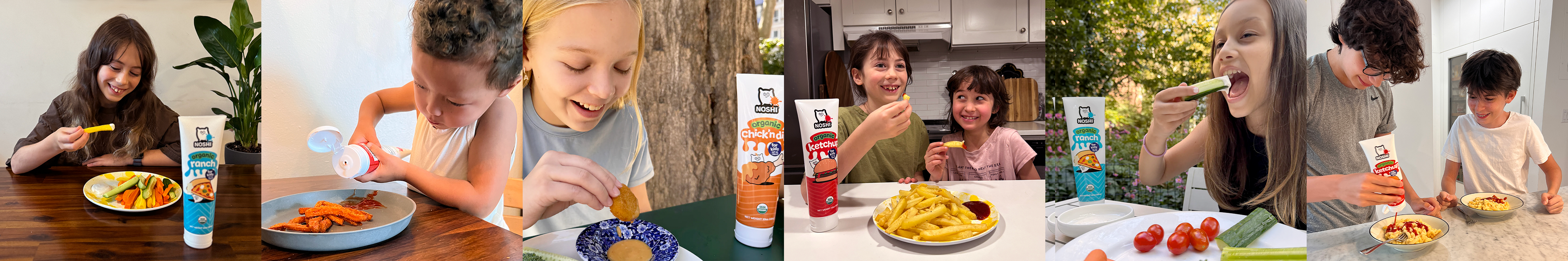 Six photos of kids from toddlers to teens enjoying Noshi sauces!