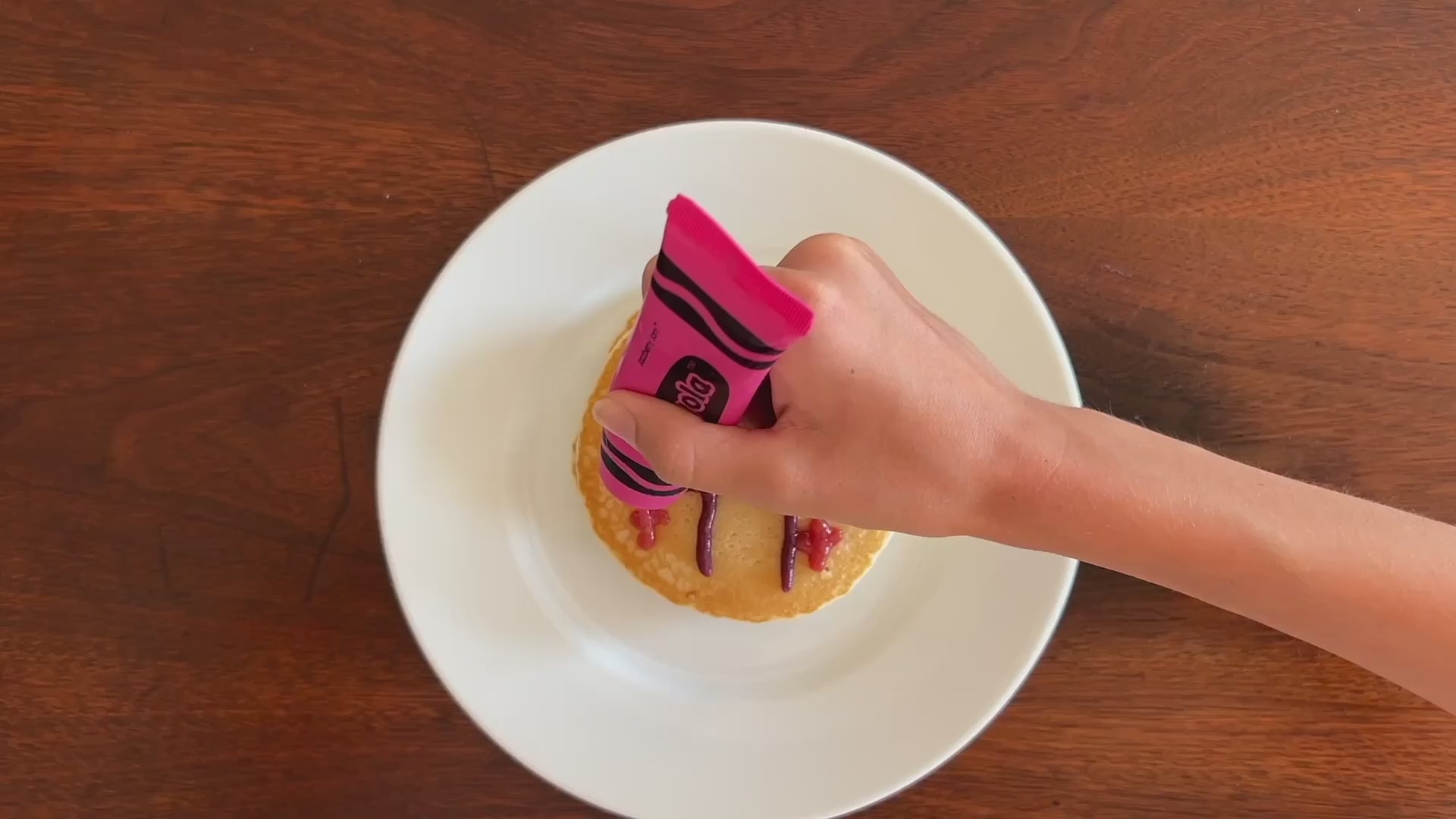 Load video: Video of children enjoying food paint with pancakes, waffles, fruit and yogurt.