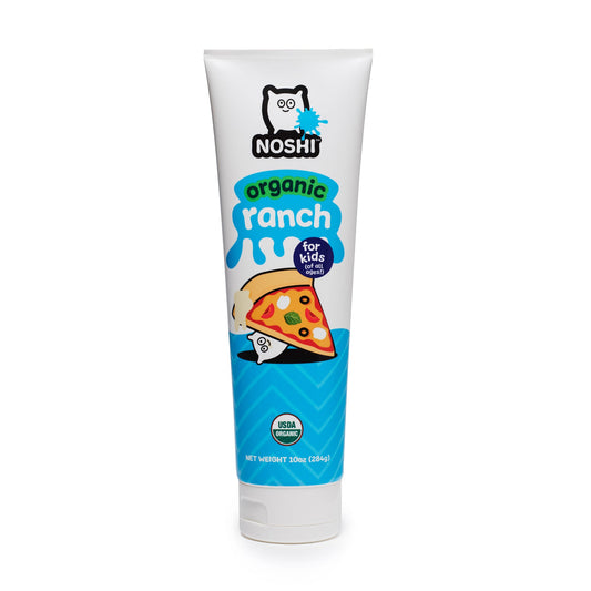 Standing tube of Noshi Organic Ranch for kids featuring an illustration of a cute round character about to eat a slice of pizza with ranch on it